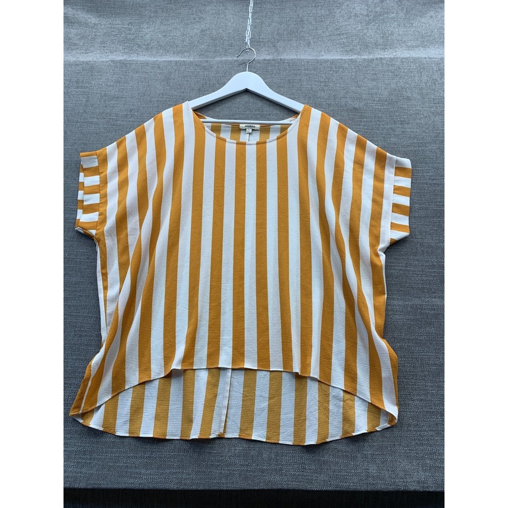 Umgee USA Crepe Shirt Womens Medium Yellow White Striped Round Neck High Low Hem